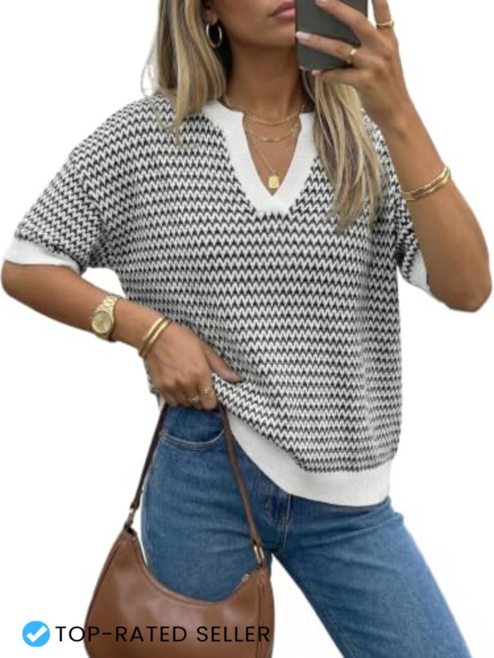 100% Cotton Striped Short Sleeve V-Neck Pullover Sweater Work Casual